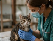 Veterinary professional caring for a cat